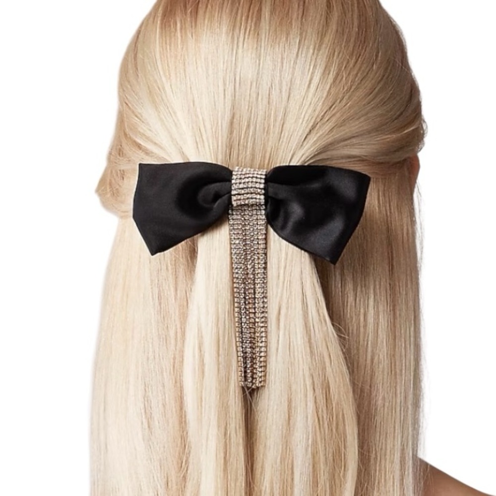 NWT J. Crew Satin Rhinestone Hair Bow Sparkle Statement Elegant Preppy NYE Black